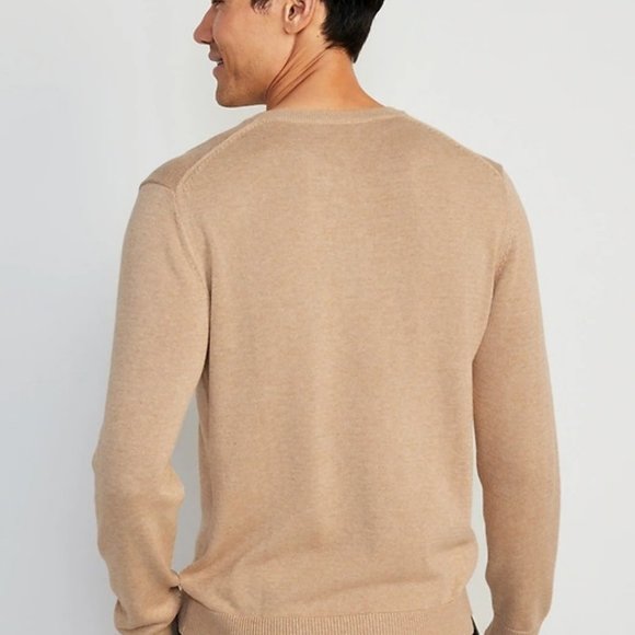 Henley Sweater: (3) Button. Crewneck. Long Sleeve.  Cotton Blend. Tan - Picture 2 of 6